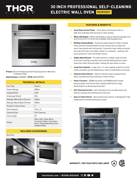 30" PROFESSIONAL STAINLESS STEEL ELECTRIC WALL OVEN THOR (HEW3001)